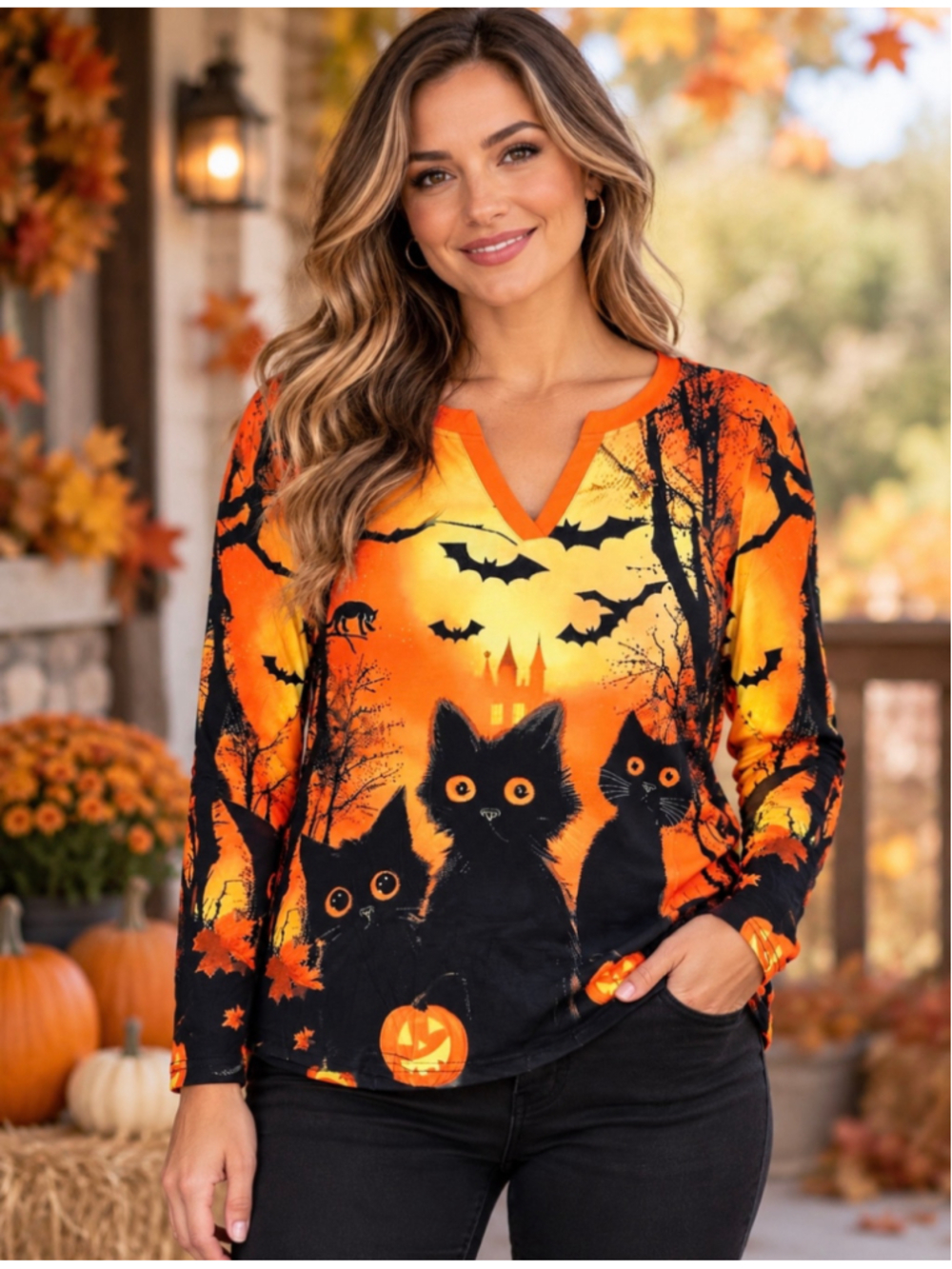 Women's L Halloween Black Cat Pumpkin Bat Print Long Sleeve V Neck Top Orange